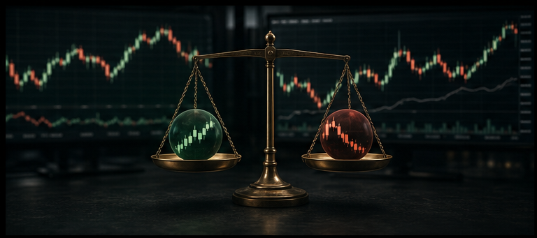 Balanced market-neutral trading concept with two related positions on a scale