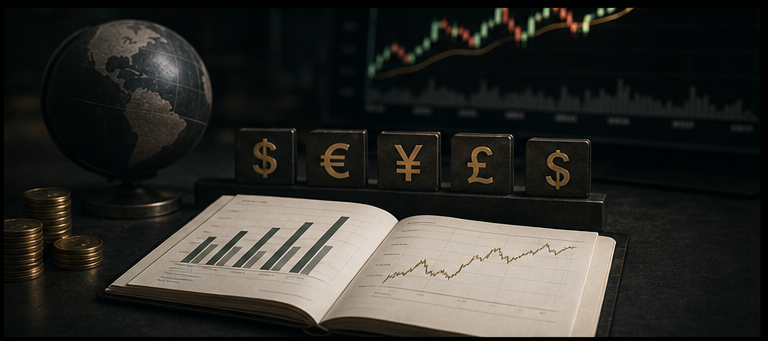 Forex cost of carry concept with currency symbols and trading reports